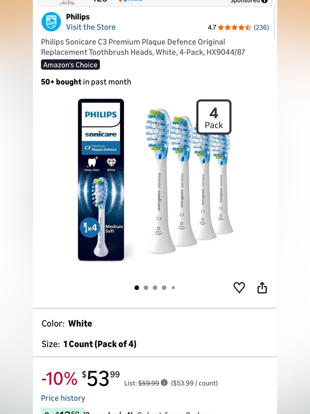 Philips Sonicare C3 Plaque Defence Replacement Brush Heads - White (4 Pack)